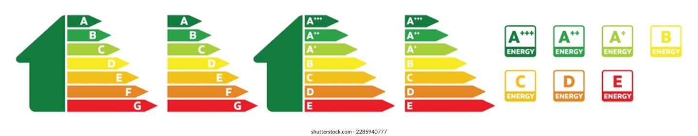 Energy efficiency chart icon set. Home energy efficiency vector label scale sign. House bulb energetic rating bar symbol. Energy consumption sign collection. Stock vector.