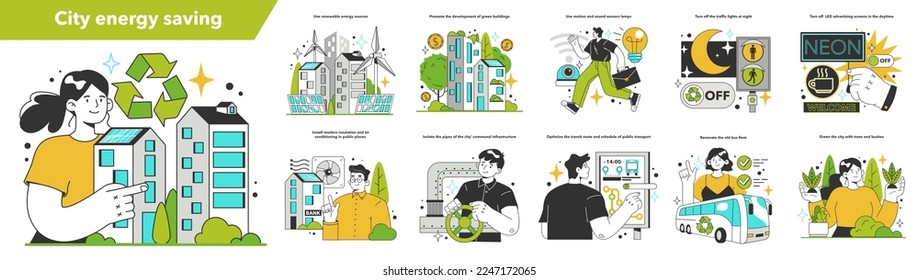 Energy efficiency in the city set. Municipal electricity consumption reduction, modernisation of city environment. Inflation or economic recession effect. Flat vector illustration