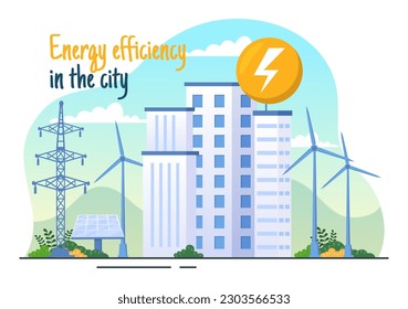 Energy Efficiency in the City Vector Illustration with Sustainable Environment for Electricity Generated From Sun and Wind in Hand Drawn Templates