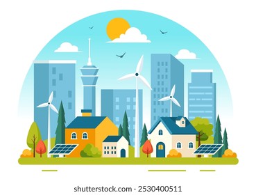 Eficiência energética na cidade Ilustração do vetor Apresentando um ambiente sustentável com eletricidade gerada a partir de energia solar e eólica
