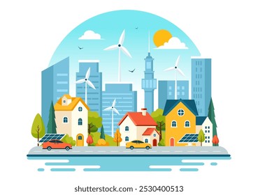 Energy Efficiency in the City Vector Illustration Featuring a Sustainable Environment with Electricity Generated from Solar and Wind Power