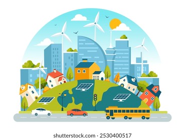 Energy Efficiency in the City Vector Illustration Featuring a Sustainable Environment with Electricity Generated from Solar and Wind Power