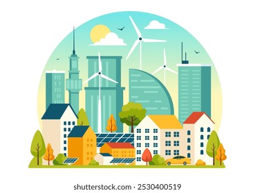 Energy Efficiency in the City Vector Illustration Featuring a Sustainable Environment with Electricity Generated from Solar and Wind Power