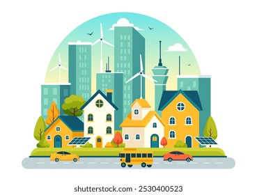 Eficiência energética na cidade Ilustração do vetor Apresentando um ambiente sustentável com eletricidade gerada a partir de energia solar e eólica