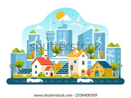 Energy Efficiency in the City Vector Illustration Featuring a Sustainable Environment with Electricity Generated from Solar and Wind Power