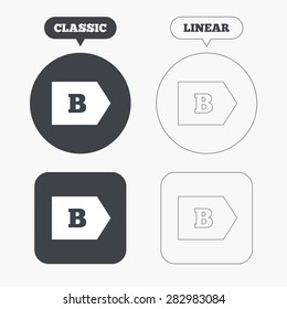 Energy efficiency class B sign icon. Energy consumption symbol. Classic and line web buttons. Circles and squares. Vector