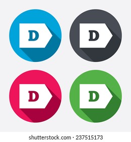 Energy efficiency class D sign icon. Energy consumption symbol. Circle buttons with long shadow. 4 icons set. Vector