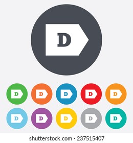 Energy efficiency class D sign icon. Energy consumption symbol. Round colourful 11 buttons. Vector