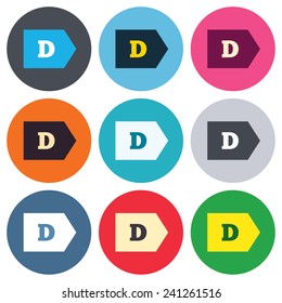 Energy efficiency class D sign icon. Energy consumption symbol. Colored round buttons. Flat design circle icons set. Vector