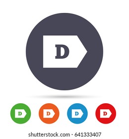 Energy efficiency class D sign icon. Energy consumption symbol. Round colourful buttons with flat icons. Vector