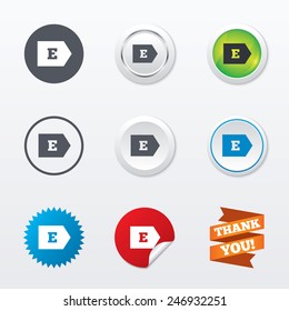 Energy efficiency class E sign icon. Energy consumption symbol. Circle concept buttons. Metal edging. Star and label sticker. Vector