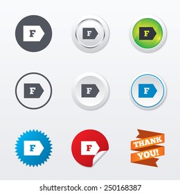 Energy efficiency class F sign icon. Energy consumption symbol. Circle concept buttons. Metal edging. Star and label sticker. Vector