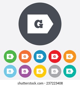 Energy efficiency class G sign icon. Energy consumption symbol. Round colourful 11 buttons. Vector