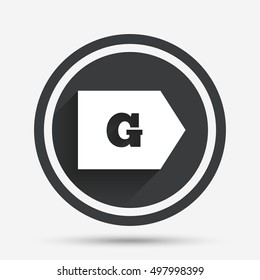 Energy efficiency class G sign icon. Energy consumption symbol. Circle flat button with shadow and border. Vector