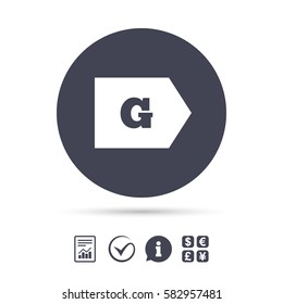 Energy efficiency class G sign icon. Energy consumption symbol. Report document, information and check tick icons. Currency exchange. Vector