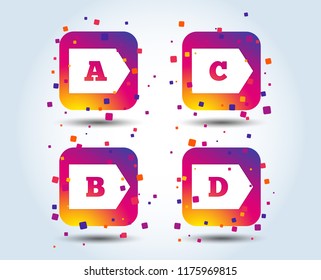 Energy efficiency class icons. Energy consumption sign symbols. Class A, B, C and D. Colour gradient square buttons. Flat design concept. Vector