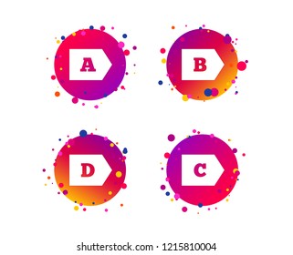 Energy efficiency class icons. Energy consumption sign symbols. Class A, B, C and D. Gradient circle buttons with icons. Random dots design. Vector