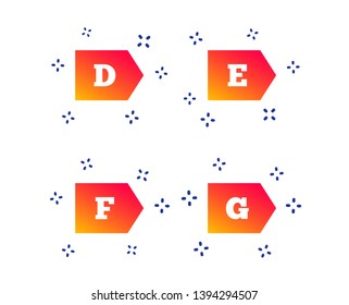 Energy efficiency class icons. Energy consumption sign symbols. Class D, E, F and G. Random dynamic shapes. Gradient efficiency icon. Vector