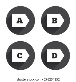 Energy efficiency class icons. Energy consumption sign symbols. Class A, B, C and D. Circles buttons with long flat shadow. Vector