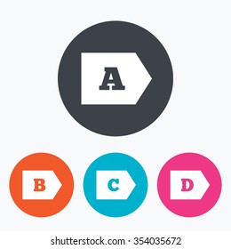 Energy efficiency class icons. Energy consumption sign symbols. Class A, B, C and D. Circle flat buttons with icon.