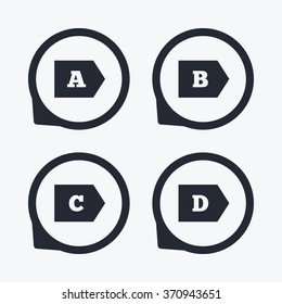Energy efficiency class icons. Energy consumption sign symbols. Class A, B, C and D. Flat icon pointers.