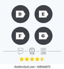 Energy efficiency class icons. Energy consumption sign symbols. Class D, E, F and G. Chat, award medal and report linear icons. Star vote ranking. Vector