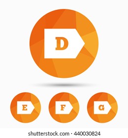 Energy efficiency class icons. Energy consumption sign symbols. Class D, E, F and G. Triangular low poly buttons with shadow. Vector