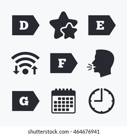 Energy efficiency class icons. Energy consumption sign symbols. Class D, E, F and G. Wifi internet, favorite stars, calendar and clock. Talking head. Vector