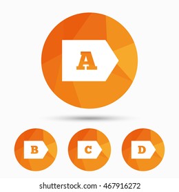 Energy efficiency class icons. Energy consumption sign symbols. Class A, B, C and D. Triangular low poly buttons with shadow. Vector