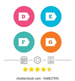 Energy efficiency class icons. Energy consumption sign symbols. Class D, E, F and G. Calendar, cogwheel and report linear icons. Star vote ranking. Vector