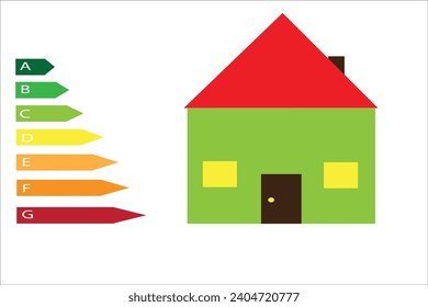 The energy efficiency classes A-G. Next to it is a house with light in the windows. Isolated on a white background.