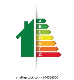 Energy efficiency concept with house and energy performance bars. Tucked label design.