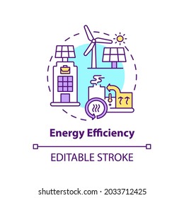 Icono de concepto de eficiencia energética. Ilustración de línea delgada de la idea de requisitos de construcción de Office. Lograr un alto rendimiento. No hay energía. Dibujo de color RGB con contorno aislado del vector. Trazo editable