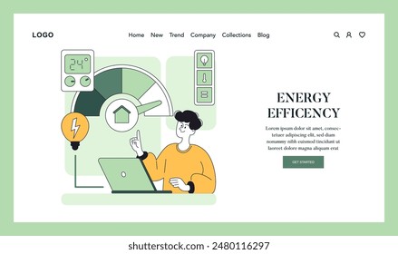 Energy Efficiency concept. A person engages with smart home technology for sustainable living. Digital thermostat, eco-friendly habits. Vector illustration.