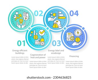 Eficiencia energética y plantilla de infografía de círculo azul de conservación. Visualización de datos con 4 pasos. Gráfico de información de línea de tiempo editable. Diseño de flujo de trabajo con iconos de línea. Se usa una infinidad de tipos de letra Pro-Regular