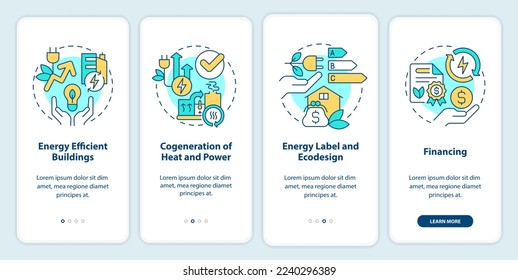 Energy efficiency and conservation onboarding mobile app screen. Walkthrough 4 steps editable graphic instructions with linear concepts. UI, UX, GUI template. Myriad Pro-Bold, Regular fonts used