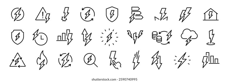 Energy efficiency, consumption icons set. Lightning, thunder electric symbols. Energy, power technology icons. Vector