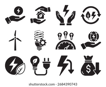 Energy efficiency and cost saving glyph icon set for power management showing lightbulb leaf and other symbols for eco friendly and sustainable solutions