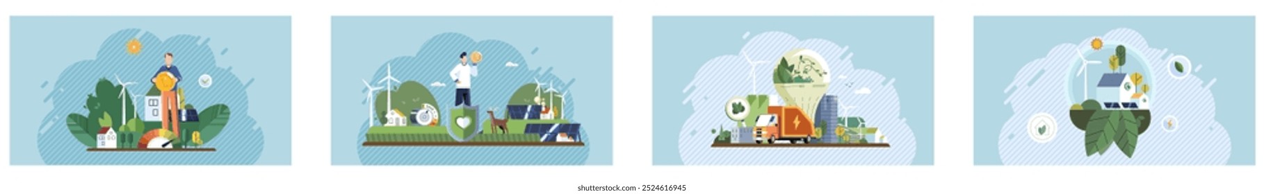 Energy efficiency. Depicts people engaging in eco-friendly practices such as using solar panels, biking, recycling, and urban gardening. Ideal for promoting sustainability, renewable energy, green
