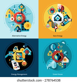 Energy efficiency design concept set with alternative power management flat icons isolated vector illustration