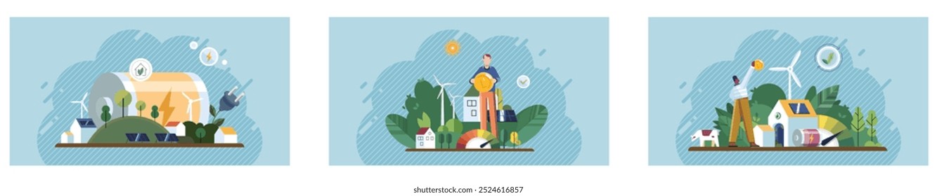 Energy efficiency. Different scenes highlighting renewable energy sources like solar panels, wind turbines, and eco-friendly houses. Ideal for sustainability, renewable energy, green living