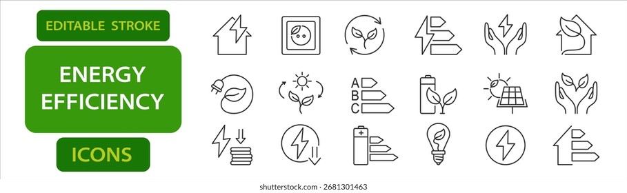 Iconos de carrera editables de eficiencia energética que incluyen energía ecológica, panel solar, ahorro de energía, batería verde, etiquetas de clasificación, símbolos de hojas y electricidad sostenible.