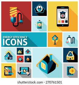 Energy efficiency effective house system icons set isolated vector illustration
