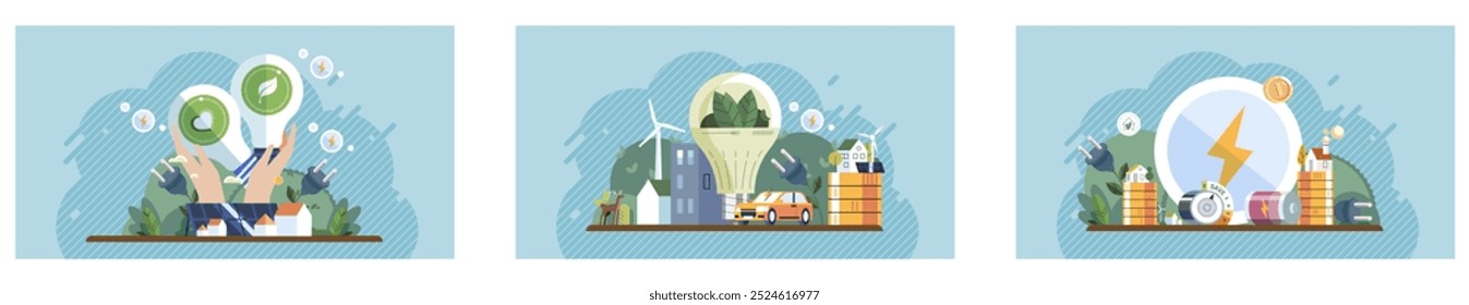 Energy efficiency. Graphic representations of sustainable energy sources, eco-friendly practices, and renewable technology. Ideal for promoting sustainability, environmental awareness, clean energy
