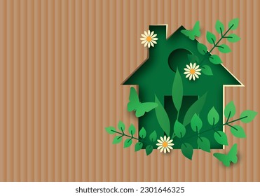 Energy efficiency. Green house on recycled brown paper background. Ecology nature home concept. Natural template. Copy space. Poster design. Banner. Eco sign. Ecology and environment conservation