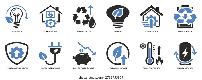 Uso eficiente de energia e tecnologia verde Definir símbolos vetoriais para sustentabilidade, energia renovável e vida ecologicamente correta