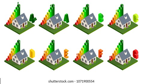 Energieeffizienz und Heimwerkerkonzept. Isometrische Ikonen der Wohnenergie. Vektorgrafik