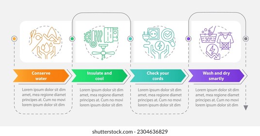 Energy efficiency at home rectangle infographic template. Data visualization with 4 steps. Editable timeline info chart. Workflow layout with line icons. Myriad Pro-Bold, Regular font used
