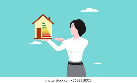 energy efficiency house, businesswoman present smart house with energy efficient rating class to save cost green energy