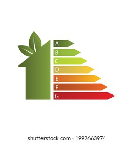 Energieeffizienz als Haus und zwei Blätter, Symbol, Vektorgrafik.